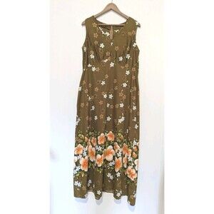 Vintage Olive Green Floral Hawaiian Dress Handmade Maxi 60s 70s OOAK L B42